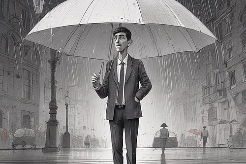 Cartoonists impression of Rishi Sunak standing in the rain under a giant umbrella