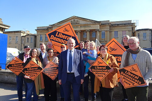 Sir Ed Davey and Reading Liberal Democrat campaigners outside the Royal Berkshire Hospital.