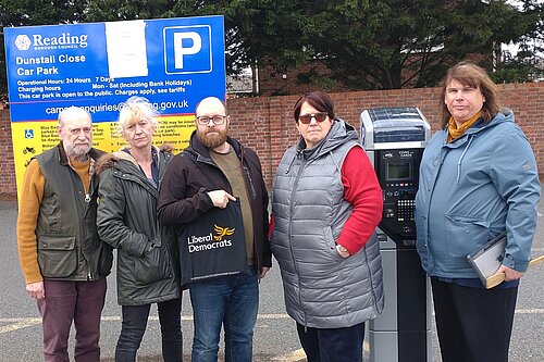Tilehurst's councillors at Dunstall Road car park, joined by parliamentary candidate Helen Belcher and former councillor Ricky Duveen